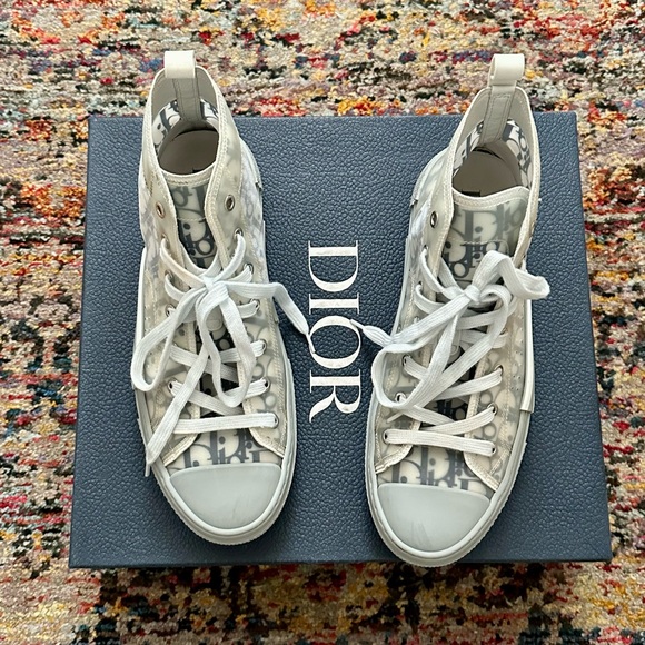 DIOR B23 White Grey Dior Oblique Mesh Canvas High Top Sneakers - Picture 5 of 10